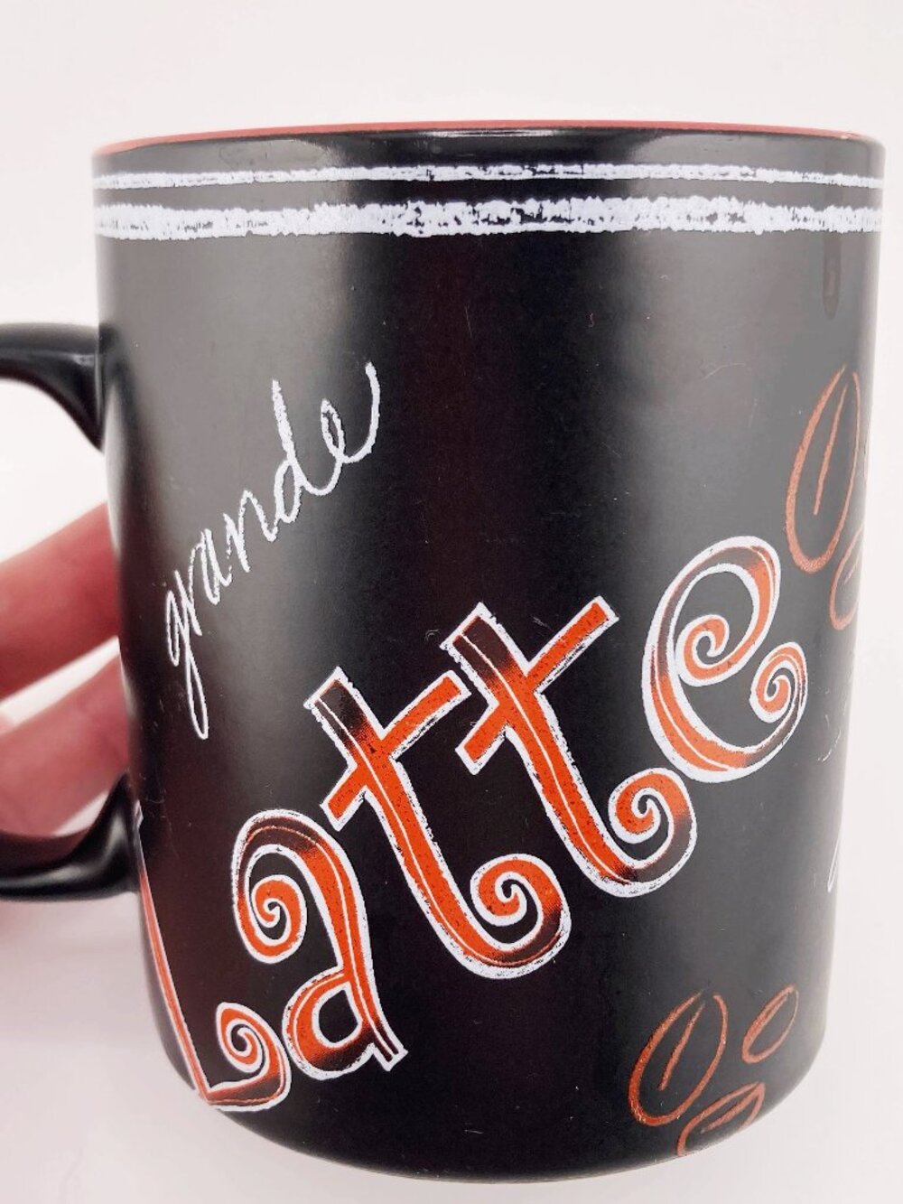 STARBUCKS 2007 Grande Latte red white blue chalk art style black mug coffee cup